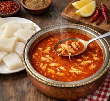 Acılı ve tavuklu Yozgat arabaşı çorbası sunumu