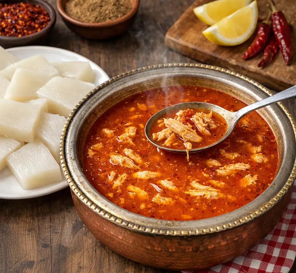 Acılı ve tavuklu Yozgat arabaşı çorbası sunumu